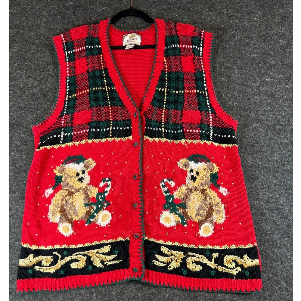Vintage Tiara Women Christmas Sweater Vest Teddy Bear Red Novelty Plus Sz 26/28